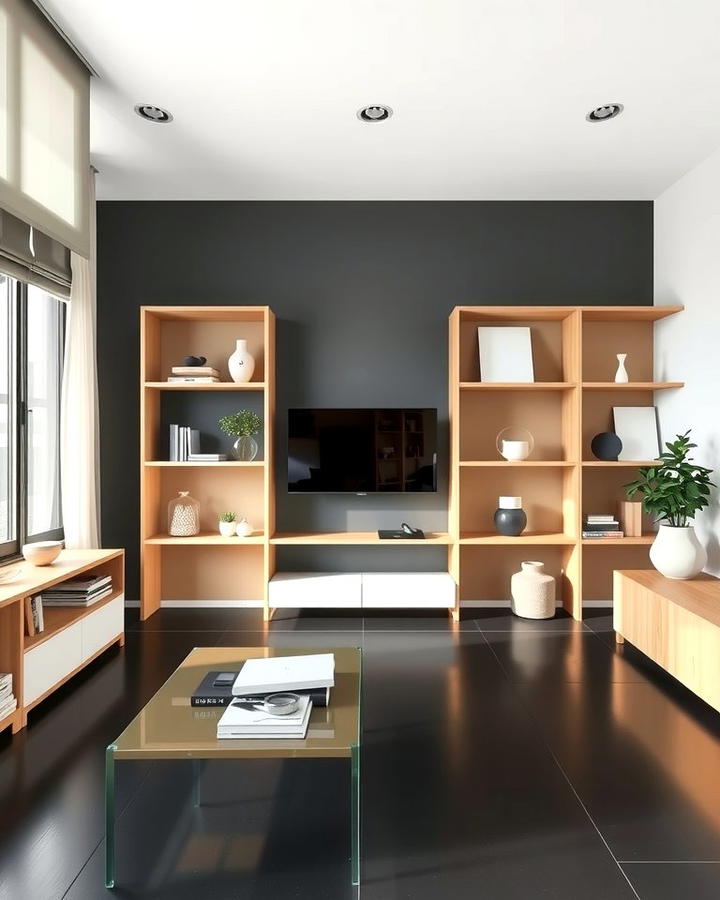 Black Floor with Open Shelving