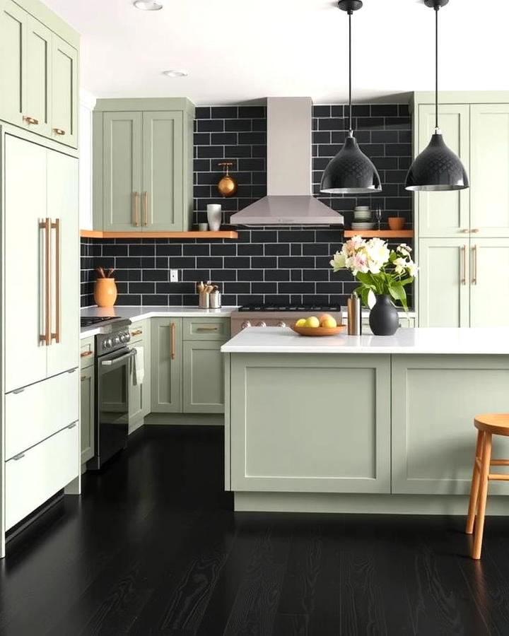 Black Flooring with Sage Green Cabinets