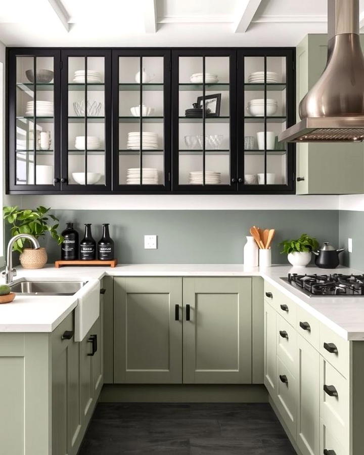 Black Framed Glass Cabinets with Sage Green Lower Units