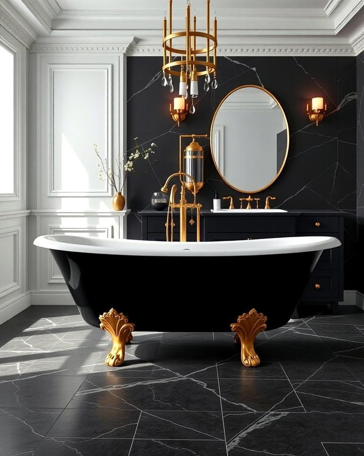 Black Freestanding Tub with Gold Feet