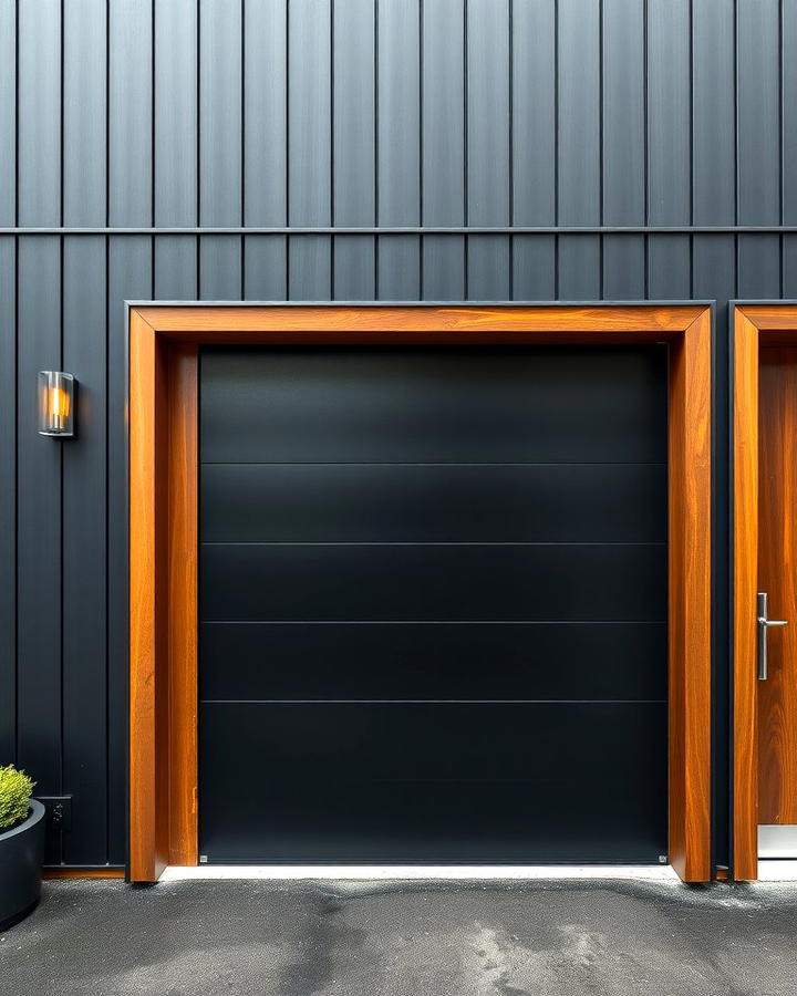 Black Garage Door Framed with Wood