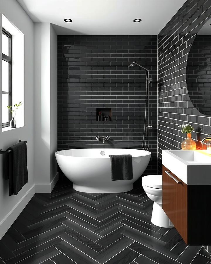 Black Herringbone Patterned Floors for Visual Interest