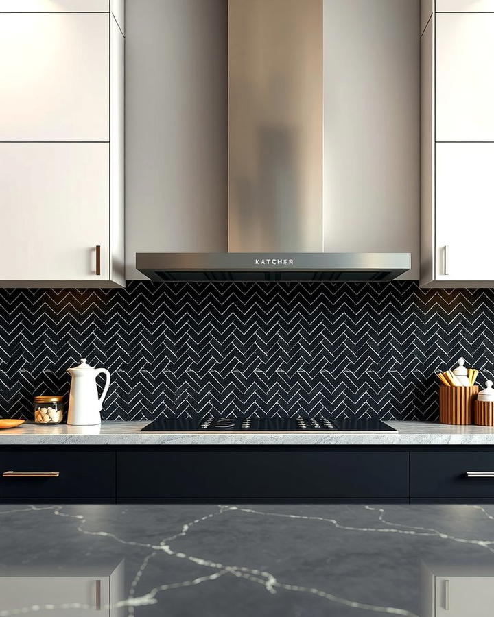 Black Herringbone Tile Backsplash