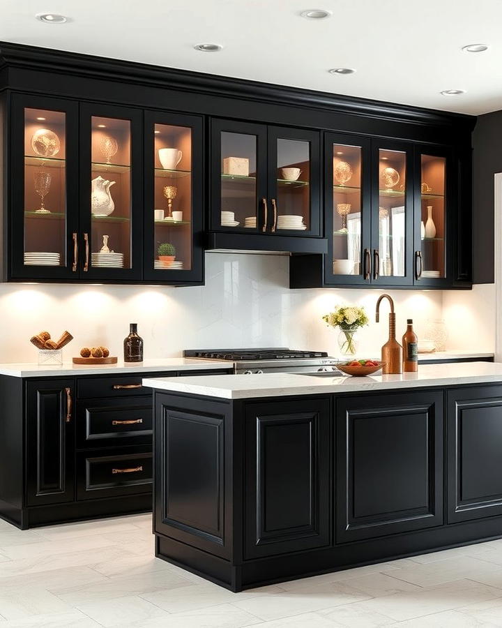 Black Island with Glass Front Cabinets