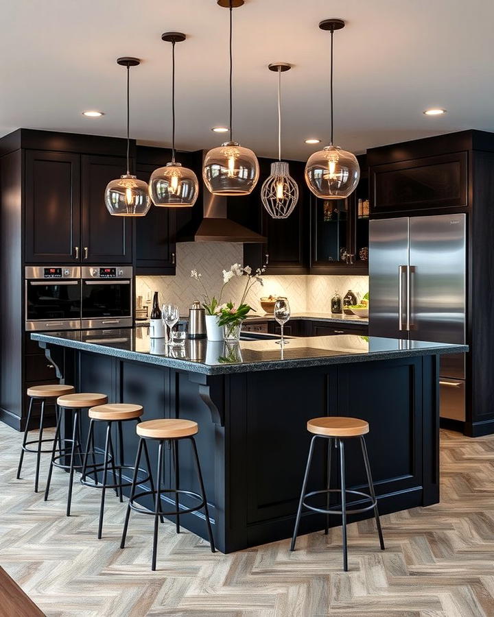 Black Island with Pendant Lighting