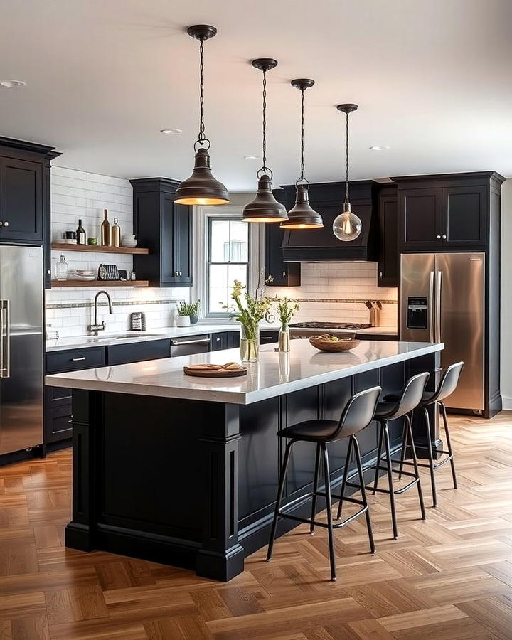 Black Island with Pendant Lighting Overhead