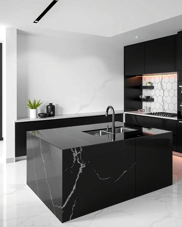 Black Island with Waterfall Countertop Design