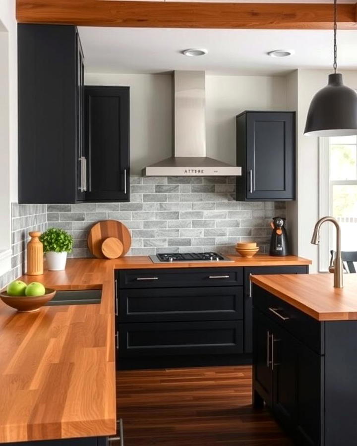 Black Kitchen Cabinets with Wooden Countertops