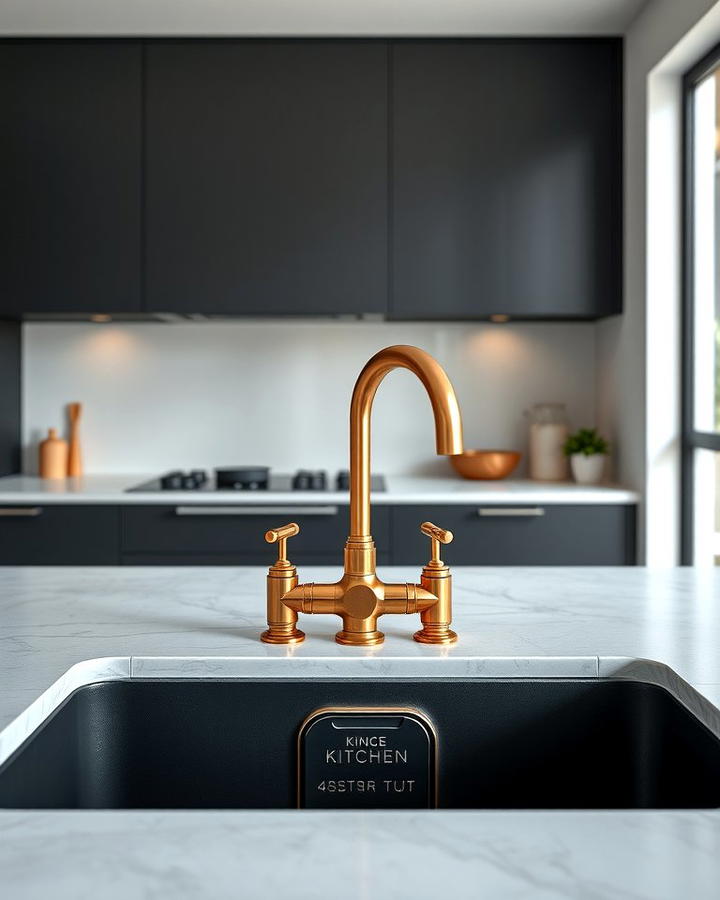 Black Kitchen Sink with Copper Fixtures