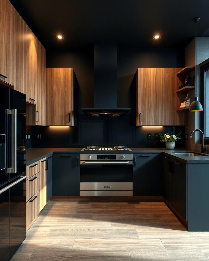 Black Kitchen with Wooden Cabinets