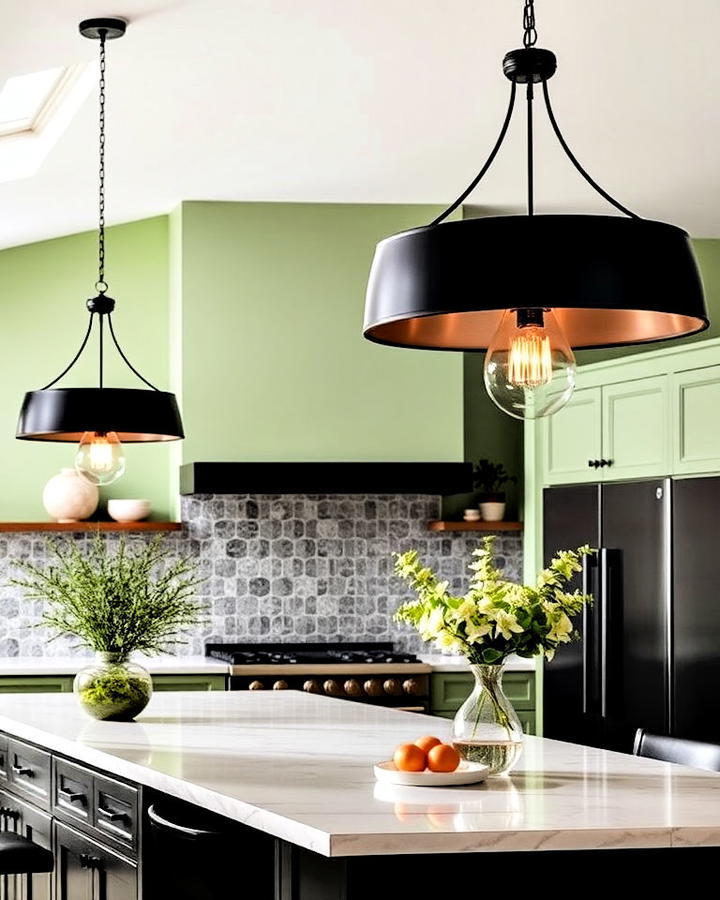 Black Lighting Fixtures with Sage Green Walls