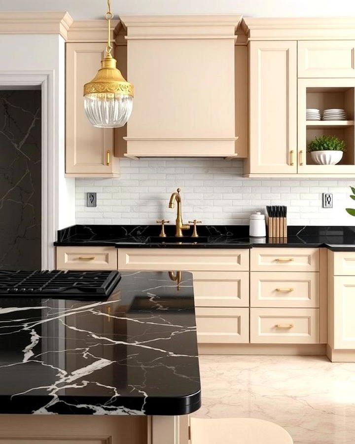 Black Marble Countertops with Beige Cabinets