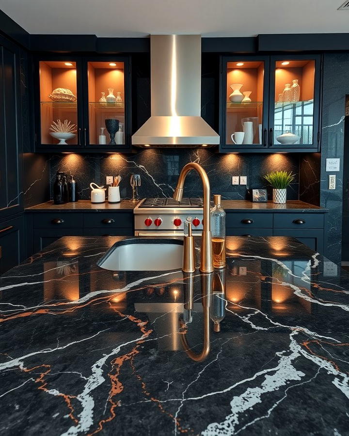 Black Marble Countertops with Copper Inlays