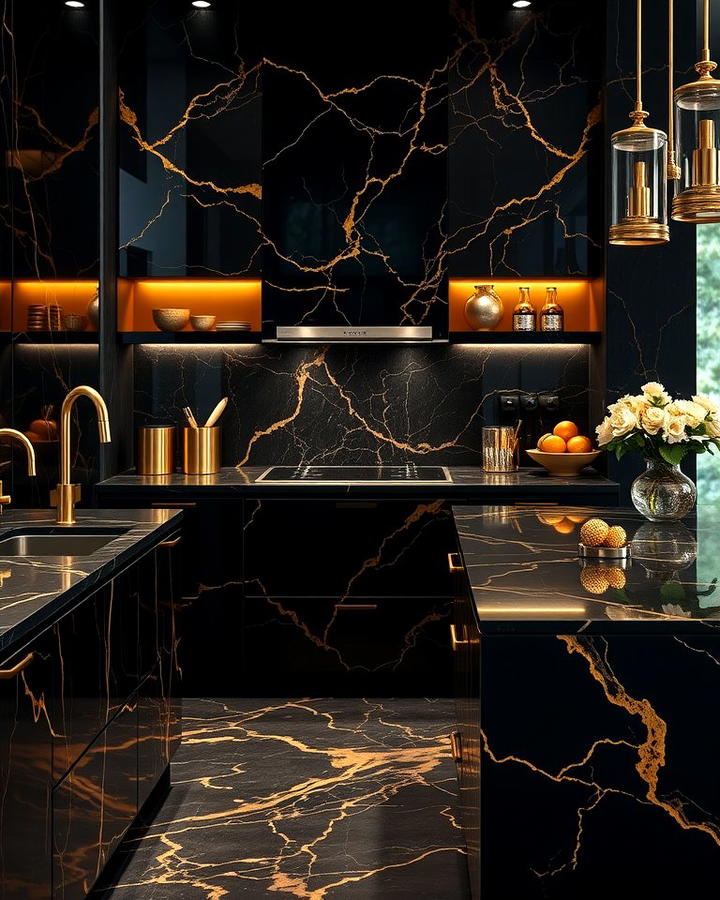 Black Marble Countertops with Gold Veining