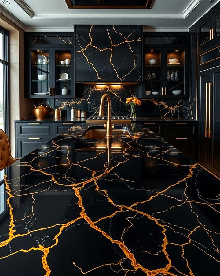 Black Marble Countertops with Gold Veins