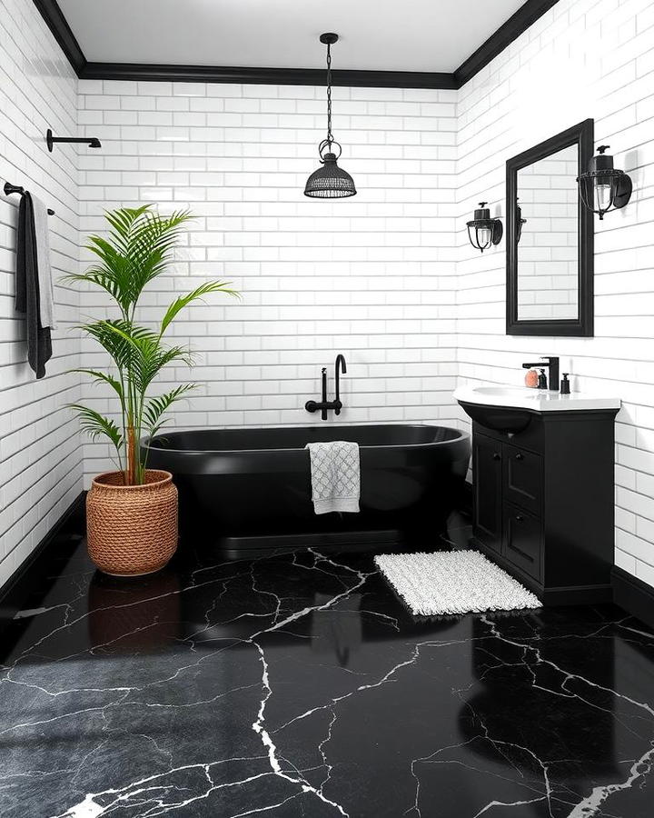 Black Marble Floors with White Subway Tiles