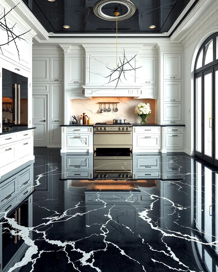 Black Marble Floors with White Veining