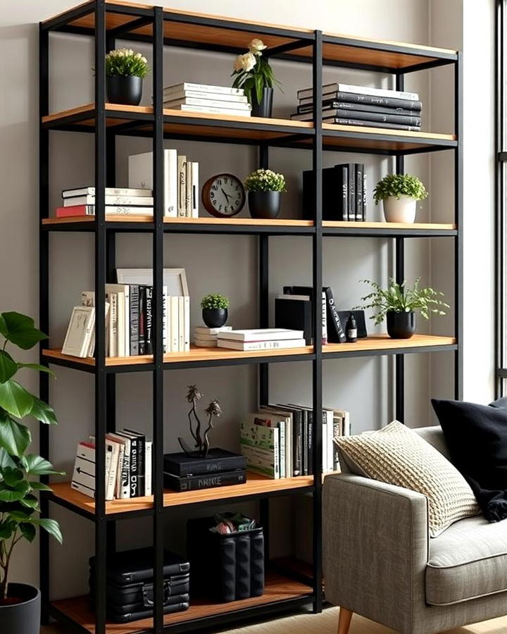 Black Metal Shelving with Wooden Details