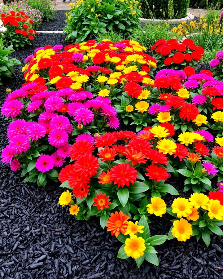 Black Mulch Around Vibrant Flower Beds