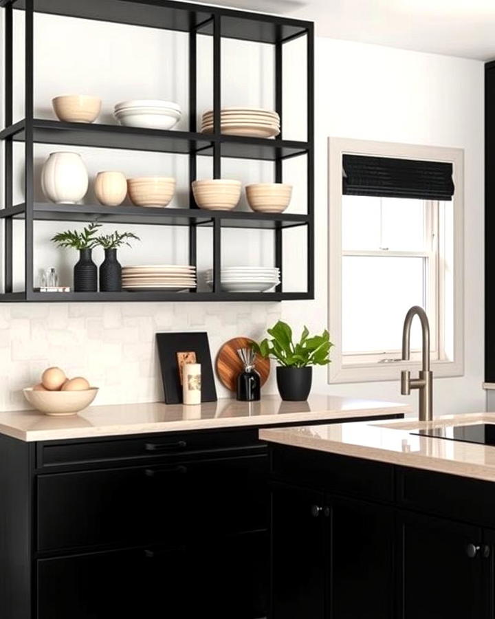 Black Open Shelving with Beige Decor