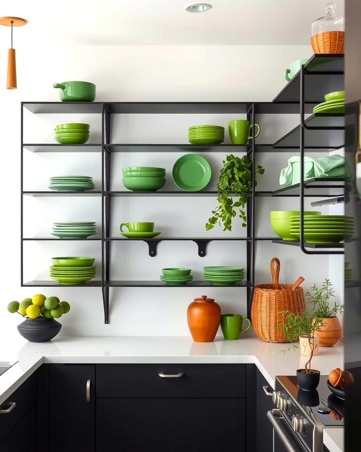 Black Open Shelving with Green Dishware