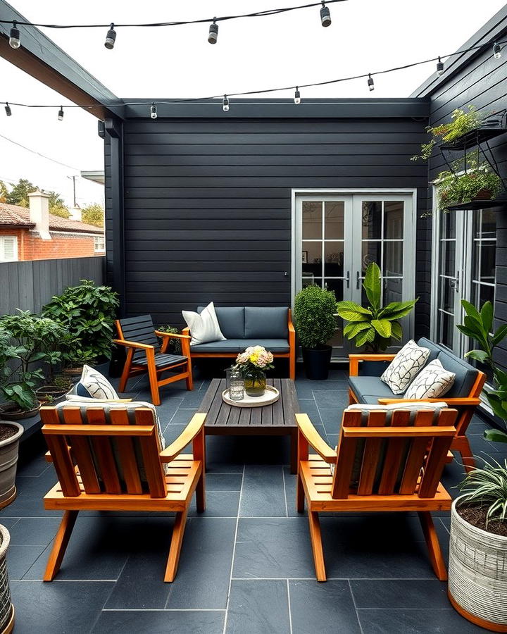 Black Patio with Wooden Furniture