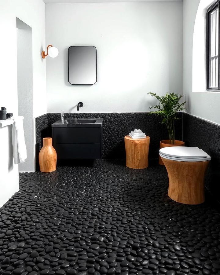 Black Pebble Floors with White Stucco Walls