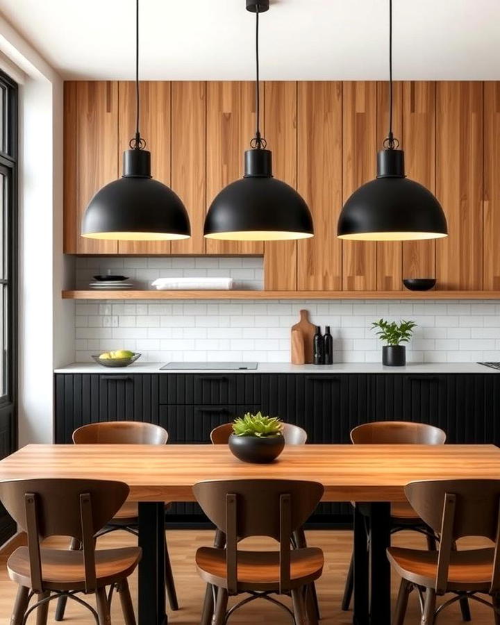 Black Pendant Lights over Wooden Tables