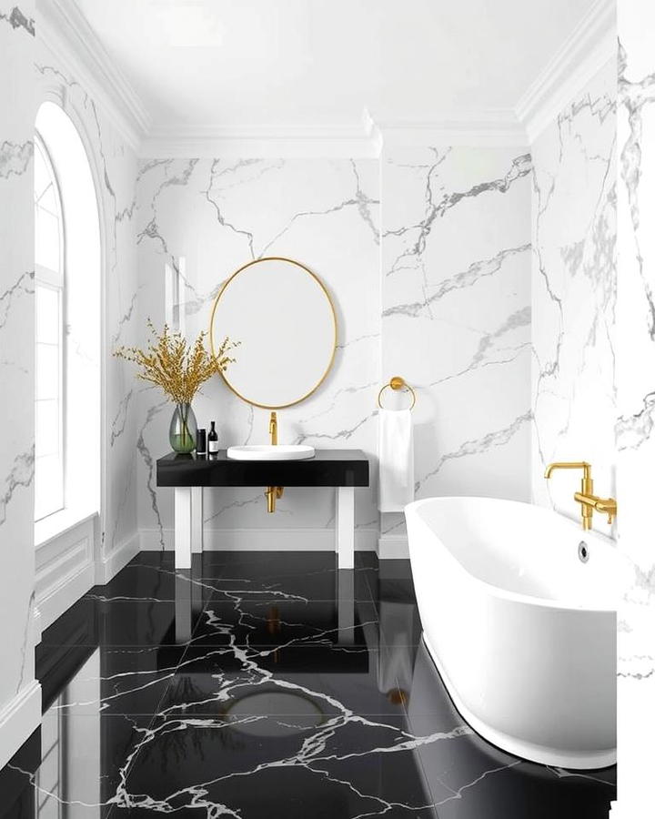 Black Porcelain Floors with White Marble Walls