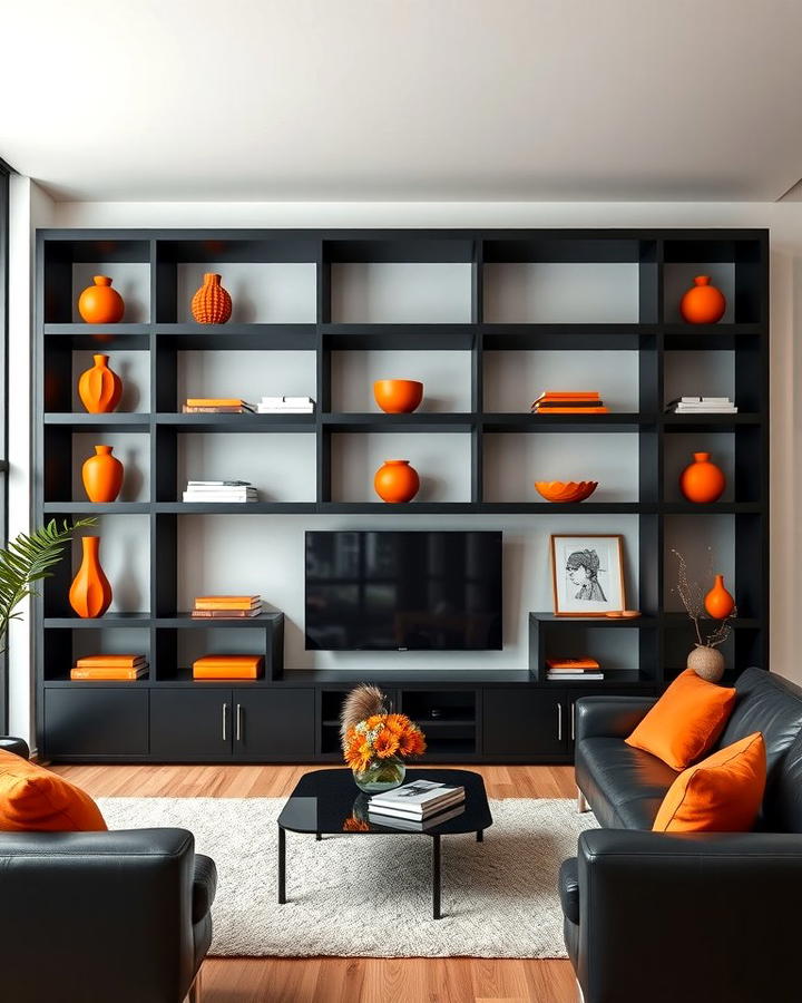 Black Shelves with Orange Decor