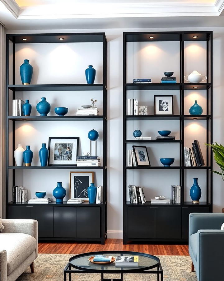 Black Shelving Units with Blue Decor Items