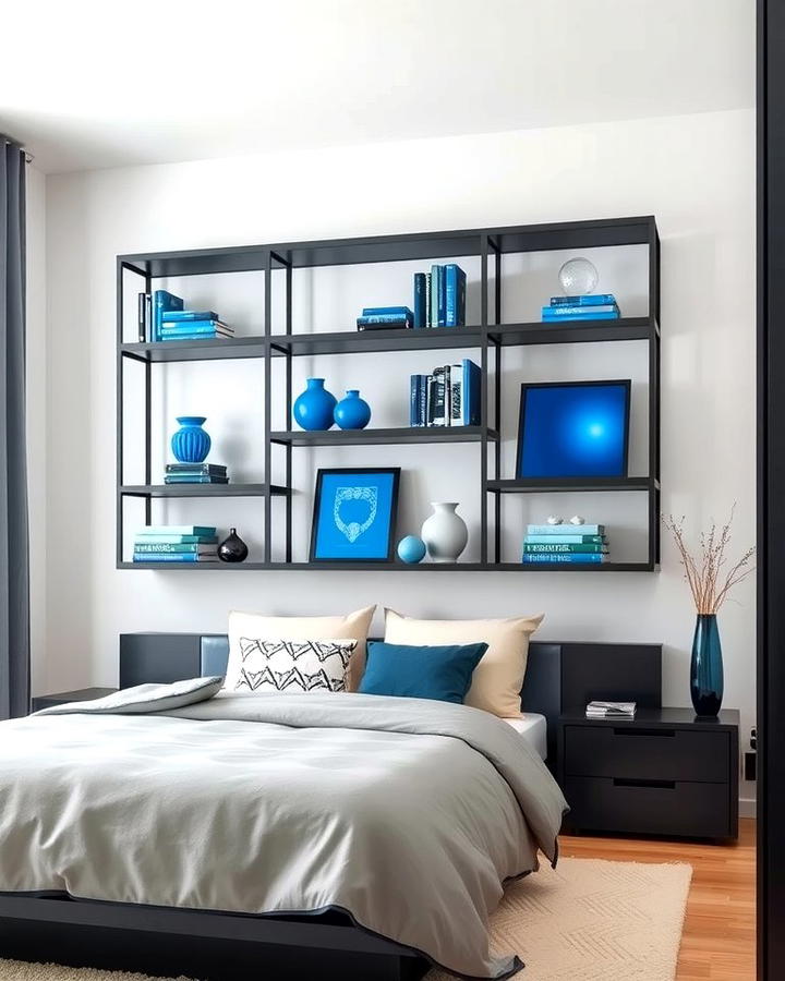 Black Shelving with Blue Accents