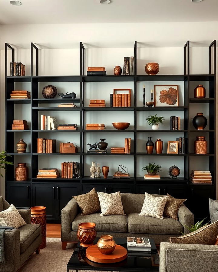 Black Shelving with Brown Decor