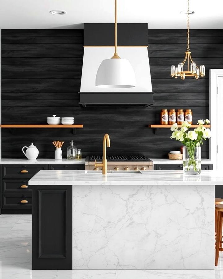 Black Shiplap with a Marble Island