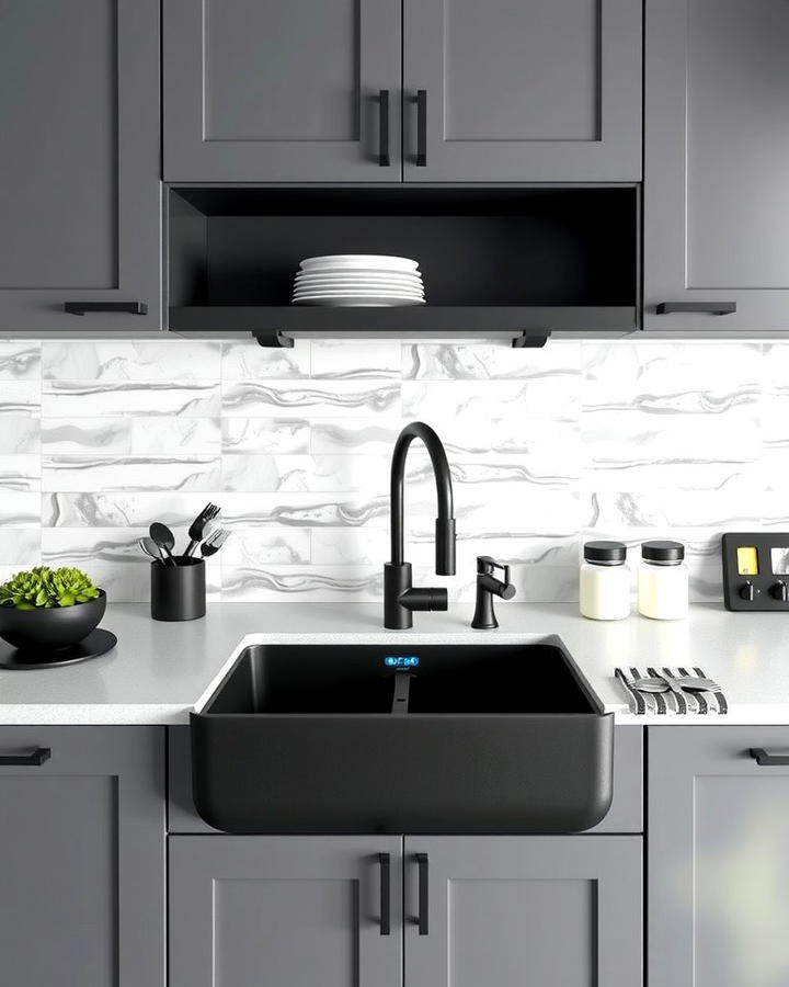 Black Sink Paired with Gray Cabinetry