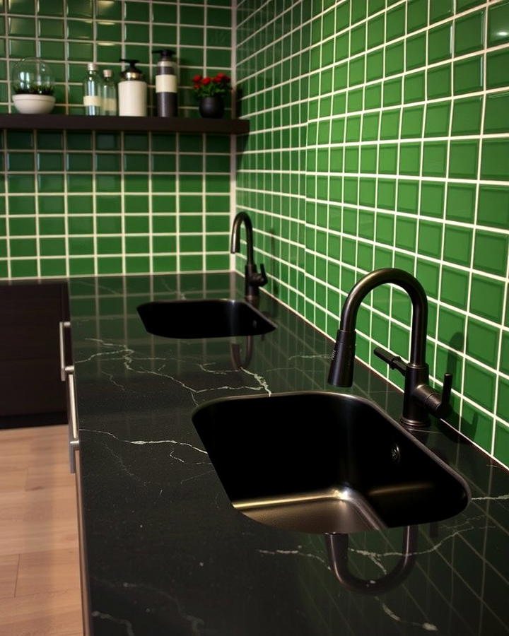 Black Sink with Green Tile Surround