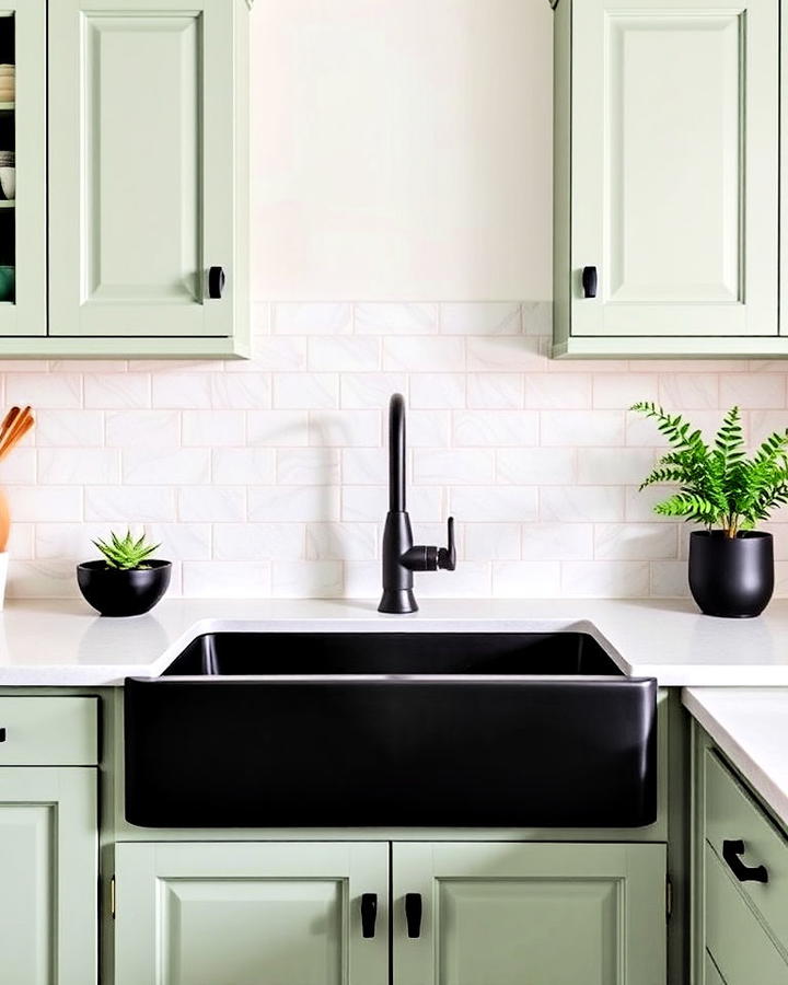 Black Sink with Sage Green Cabinets