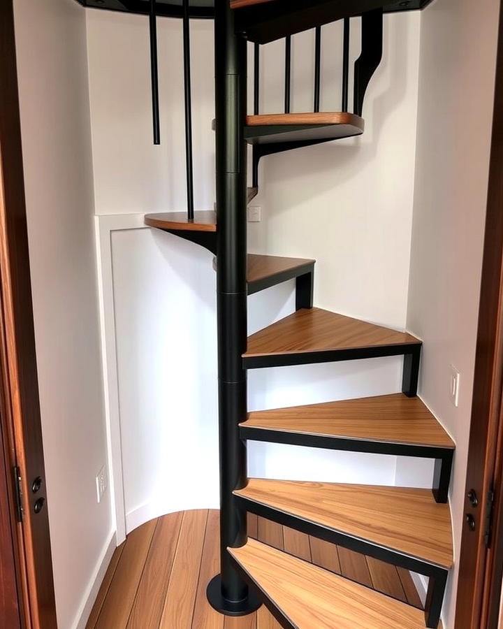 Black Spiral Staircase with Wooden Accents