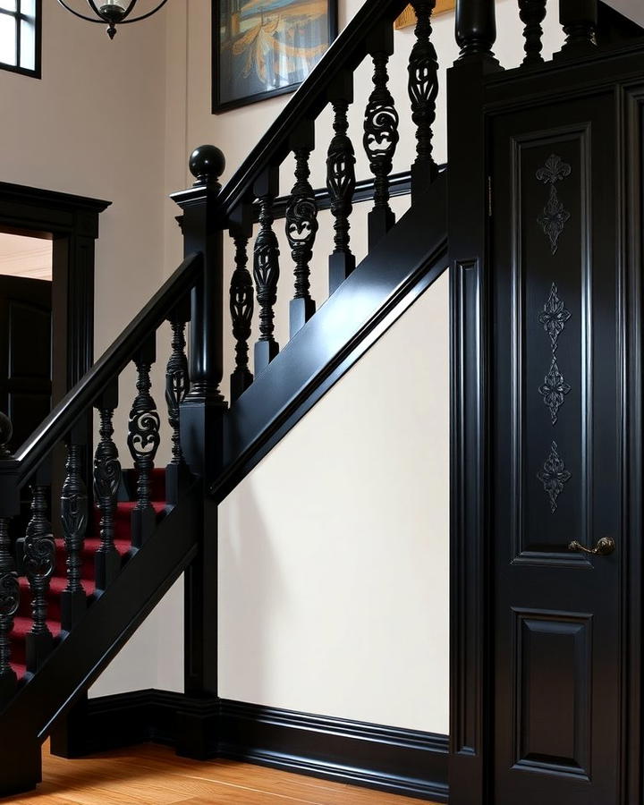 Black Staircase with Artistic Balustrades