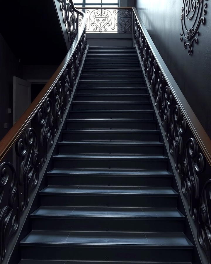 Black Staircase with Artistic Railings