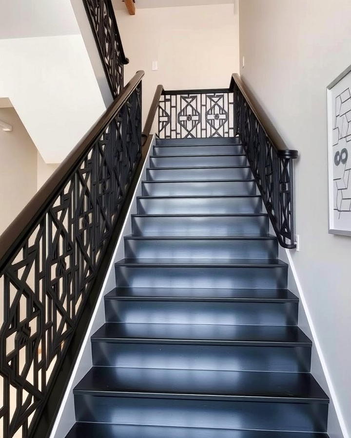 Black Staircase with Bold Geometric Railings