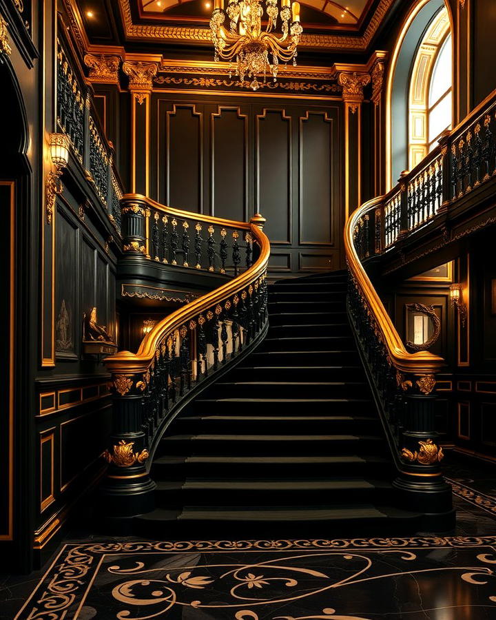 Black Staircase with Gold Accents