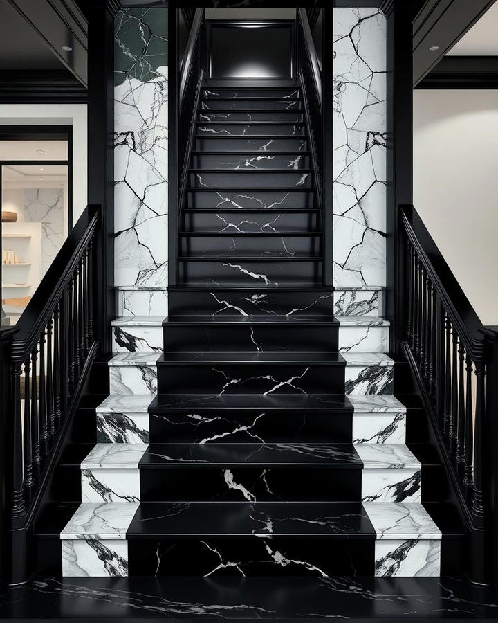 Black Staircase with Marble Accents