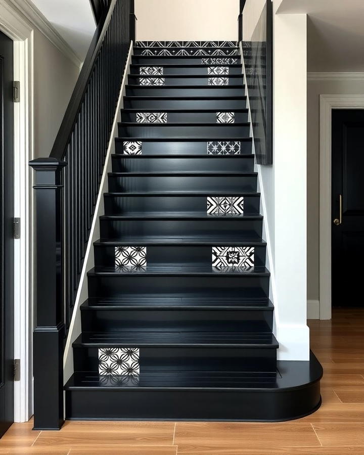 Black Staircase with Patterned Risers