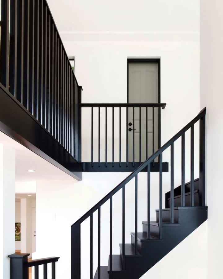 Black Staircase with Vertical Slat Railings