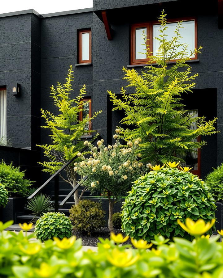 Black Stucco with Green Landscaping