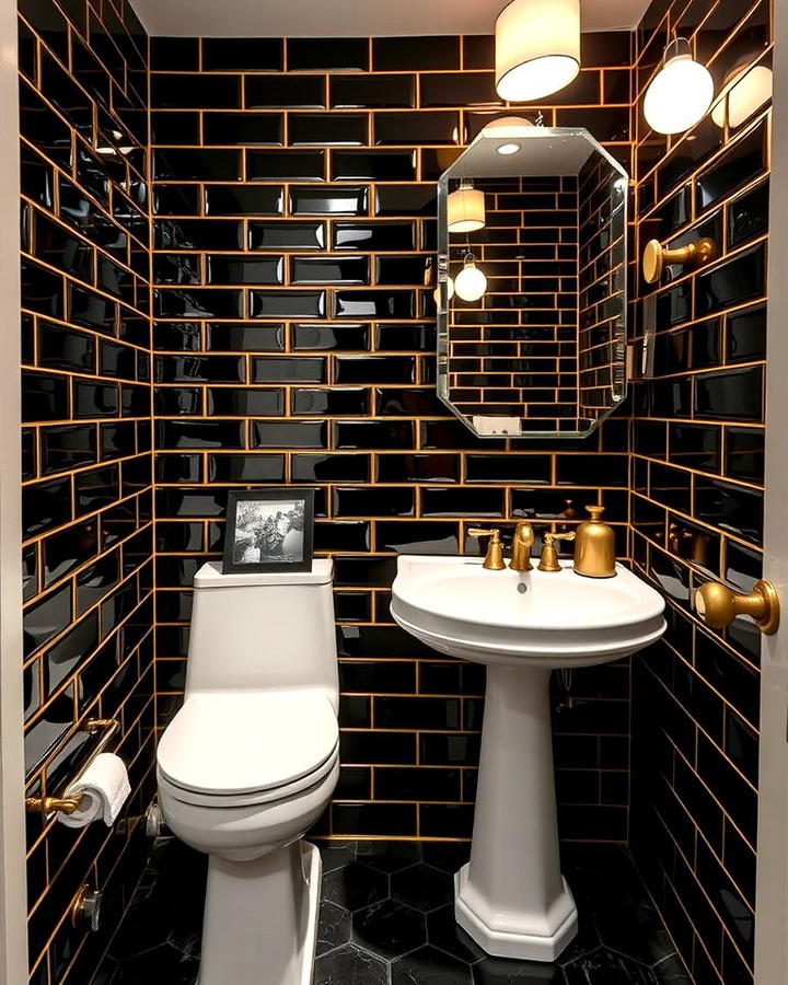 Black Subway Tiles with Gold Grout