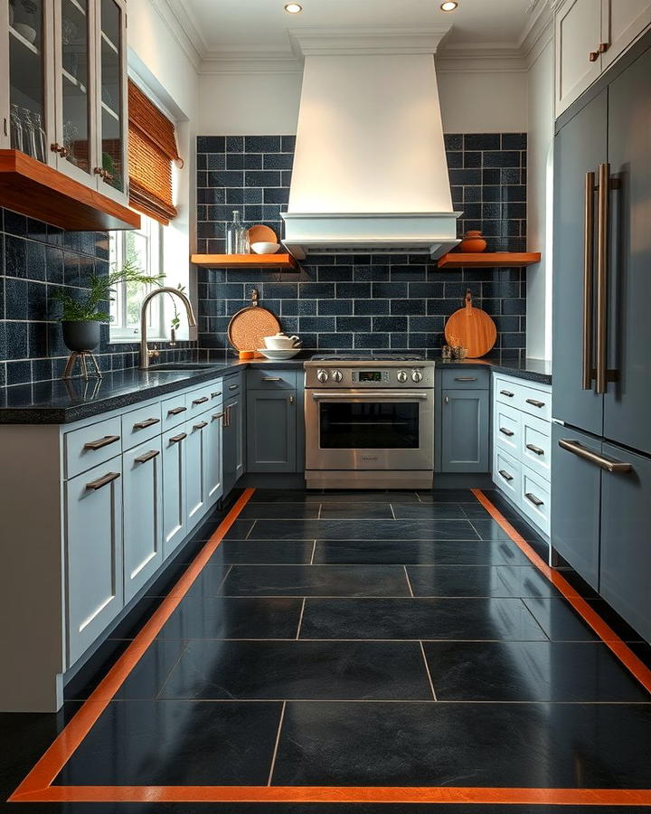 Black Tile Floors with Copper Grout