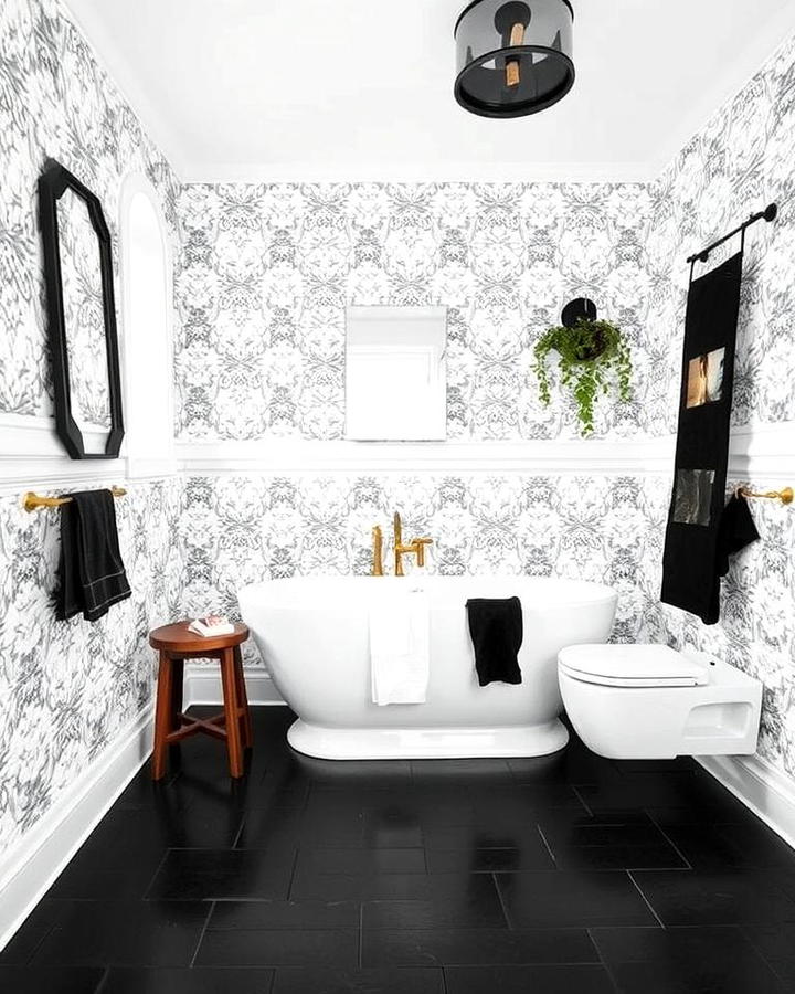 Black Tile Floors with White Patterned Walls