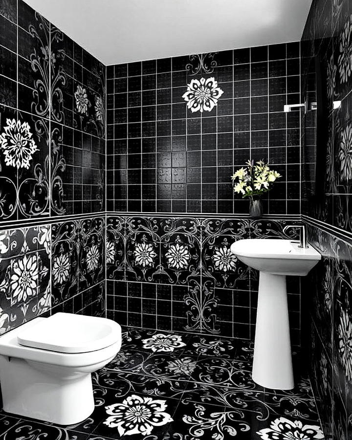 Black Tiles Bathroom With Bold Patterns